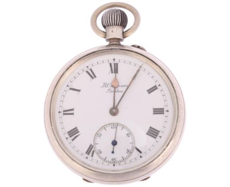 J W BENSON - an early 20th century silver open-face keyless pocket watch, white enamel dial with black Roman numeral hour mar