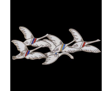 ERIK MAGNUSSEN - a Danish modernist sterling silver-gilt enamel 'Eneret' flying geese brooch, 59.7mm, 9.7g . Condition Report