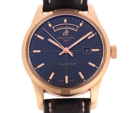 BREITLING - an 18ct rose gold Transocean Day & Date automatic calendar wristwatch, ref. R45310, black crosshair dial with app