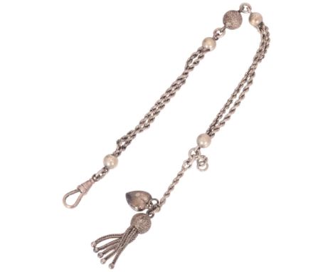 An Antique Victorian silver rope twist Albertina watch chain bracelet, with tassel fob and dog clip, 20cm, 14.3g . Condition 