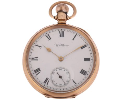 WALTHAM - an American 9ct rose gold open-face keyless pocket watch, white enamel dial with Roman numeral hour markers, gilt s