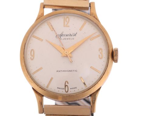 ACCURIST - a Vintage 9ct gold mechanical wristwatch, circa 1960s, silvered dial with gilt quarterly Arabic numerals, dauphine
