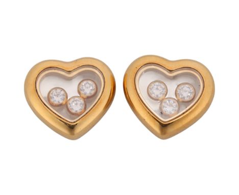 CHOPARD - a pair of 18ct gold diamond 'Happy Diamonds Icons' heart stud earrings, ref. 83/4611-20, the heart with glass panel