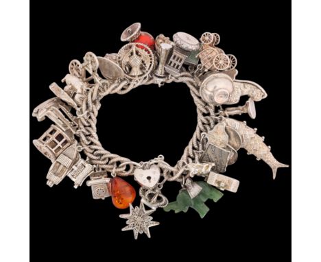 A Vintage heavy sterling silver rope twist curb link chain bracelet, with numerous silver charms and heart padlock clasp, mak