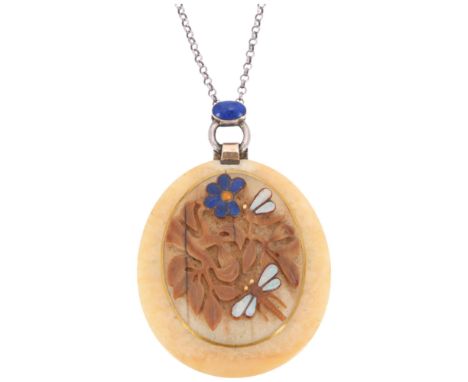 An Arts & Crafts Australian zebra stone opal and lapis lazuli 'Dragonfly' pendant necklace, circa 1920, the oval relief carve