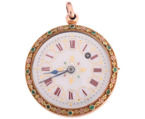 LOUIS DUCHENE & FILS - a 19th century French three-colour gold enamel open-face key-wind pocket watch, circa 1820, white enam