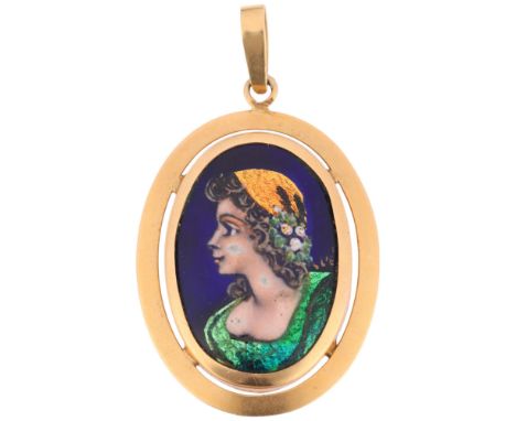 An Art Nouveau French Limoges enamel on copper portrait pendant, hand painted depicting lady wearing a bonnet, unmarked mount