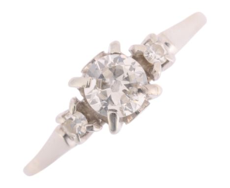 An Art Deco 18ct white gold three stone diamond ring, claw set with old and single-cut diamonds, principal diamond approx 0.4