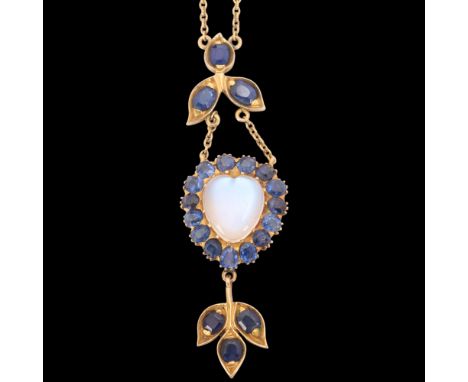 An Antique Art Nouveau 15ct gold moonstone sapphire heart pendant necklace, circa 1910, claw set with heart cabochon moonston