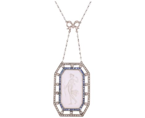 A Belle Epoque rock crystal diamond and sapphire 'Artemis Diana' intaglio lavaliere pendant necklace, circa 1910, the octagon