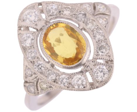 An Art Deco style platinum synthetic yellow sapphire and diamond plaque ring, millegrain set with oval mixed-cut synthetic sa