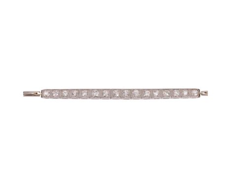 An Art Deco 18ct white gold diamond line bracelet, square millegrain set with old European-cut diamonds, total diamond conten