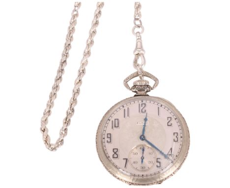 ELGIN - an Art Deco American 14ct white gold filled open-face keyless pocket watch, silvered engine turned dial with black De