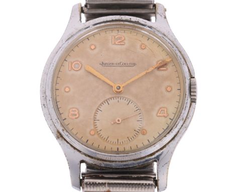 JAEGER LECOULTRE - a Vintage chrome plated mechanical wristwatch, circa 1940s, silvered dial with gilt eighthly Arabic numera