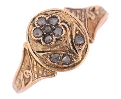An Antique Victorian 9ct gold diamond 'Forget-Me-Not' mourning ring, the oval panel with floral motif set with rose-cut diamo
