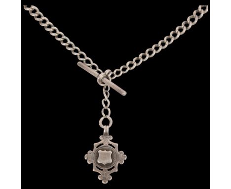 An Antique silver solid curb link double Albert chain necklace, with silver shield fob, T-bar and dog clip, 38cm, 30.6g . Con