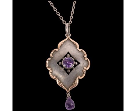 An Arts and Crafts 9ct gold mounted silver amethyst openwork pendant necklace, pendant 49.1mm, chain 40cm, 4.8g . Condition R