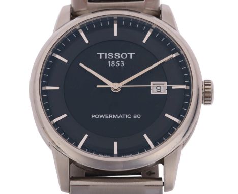 TISSOT - a stainless steel Luxury Powermatic 80 automatic calendar bracelet watch, ref. T086407, black dial with silvered bat
