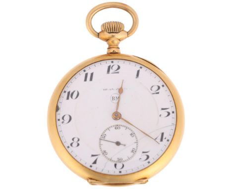 A French 18ct gold open-face keyless chronometer pocket watch, maker BM, white enamel dial with black Arabic numerals, gilt s