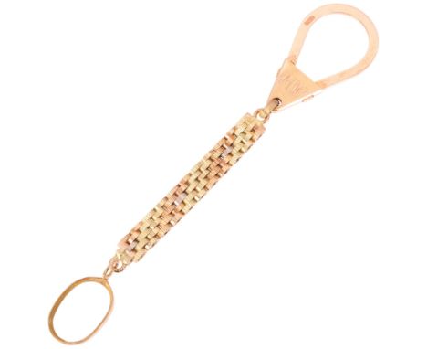 An Egyptian 18ct three colour gold short fob chain, with textured decoration and carabiner clasp, 13cm, 14.5g . Condition Rep