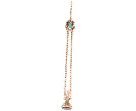An Antique Victorian 15ct gold turquoise Albertina chain, the double-sided lover's knot having clip and garnet set watch key 