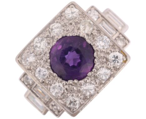An Art Deco style platinum amethyst and diamond panel ring, set with round-cut amethysts and modern round brilliant-cut diamo