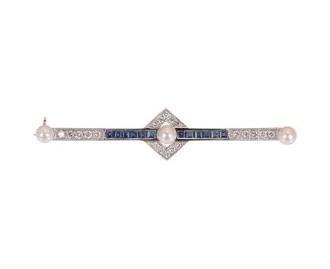 An Art Deco style 18ct white gold synthetic? sapphire pearl and diamond geometric bar brooch, set with 4.2mm pearls, channel 
