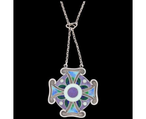 An Arts and Crafts silver and enamel cross pendant necklace, on integral unmarked silver cable link chain, unsigned, cross 36