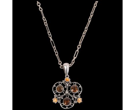 An Arts Nouveau silver citrine and enamel clover openwork pendant necklace, on silver cable link chain, pendant 37.7mm, chain