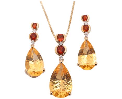 A 9ct gold gem set pendant and earring set, set with pear laser-cut citrine, round-cut orange garnets and diamonds, pendant 2
