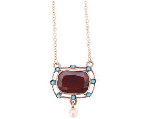 An Antique Georgian garnet turquoise and pearl pendant necklace, circa 1820, collet set with oval-cut foil-back garnet surrou