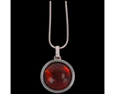 HENNING ULRICHSEN - a Danish modernist sterling silver amber pendant necklace, on sterling silver snake link chain, pendant 3