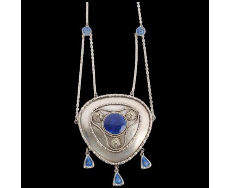 CHARLES HORNER - an Arts and Crafts silver and blue enamel festoon necklace, Chester 1911, with enamel drops and integral sil