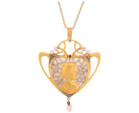 An Art Nouveau plique-a-jour enamel and gem set openwork portrait pendant necklace, circa 1905, the triangular organic openwo