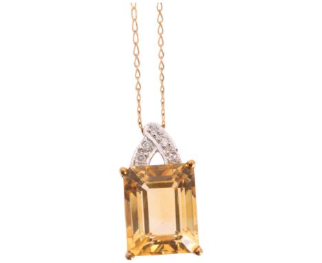 A 9ct gold citrine and diamond pendant necklace, on 9ct fine curb link chain, pendant 15.4mm, chain 40cm, 2g . Condition Repo