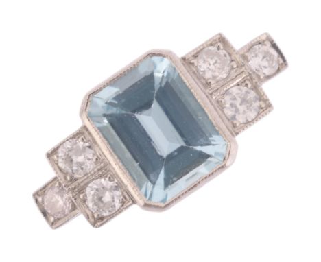 An Art Deco style platinum aquamarine and diamond ring, millegrain set with 1.2ct octagonal step-cut aquamarine flanked by tr