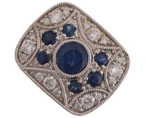 An 18ct white gold sapphire and diamond plaque ring, in the Art Deco style, set with round-cut sapphires and modern round bri