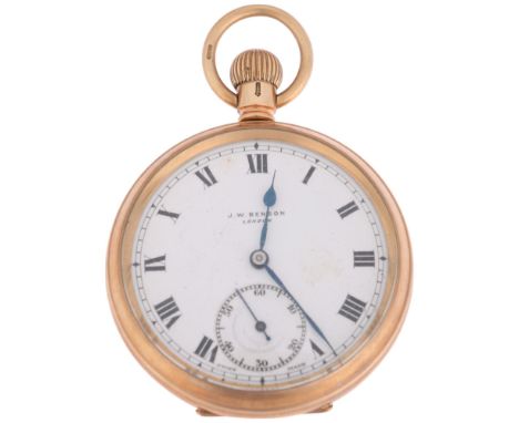 J W BENSON - an early 20th century 9ct gold open-face keyless pocket watch, white enamel dial with black Roman numeral hour m