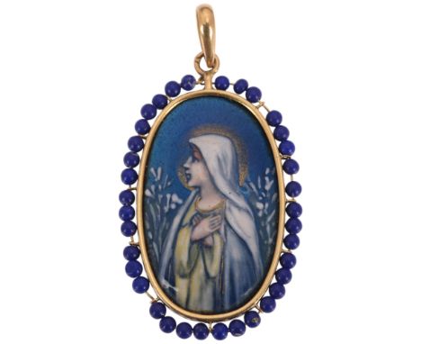 An Art Nouveau French Limoges enamel on copper portrait pendant, circa 1900, the oval hand painted plaque depicting Virgin Ma