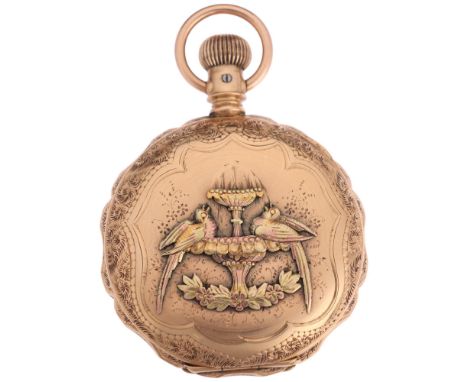 An American 14ct three-colour gold full hunter keyless fob watch, by Illinois Watch Co of Springfield, white enamel dial with