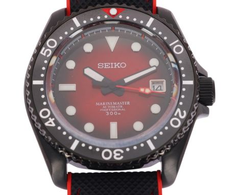 SEIKO - a Custom Mod black stainless steel Marinemaster 300M automatic calendar wristwatch, red ombre dial, polished dot and 