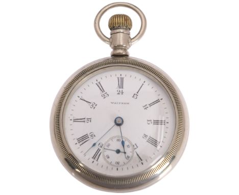 WALTHAM - an American silveroid open-face keyless Grade 81 pocket watch, white enamel dial with black Roman numeral and Arabi