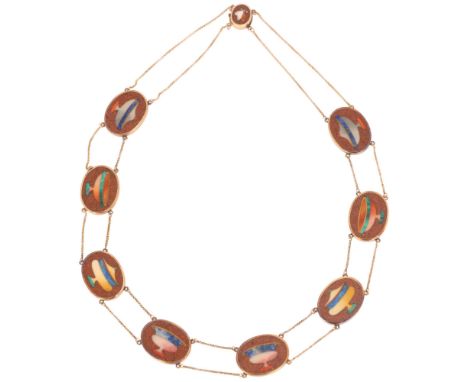 An Antique Victorian Italian Grand Tour Pietra Dura 'Commesso' urn panel necklace, Florence, circa 1880, each oval goldstone 