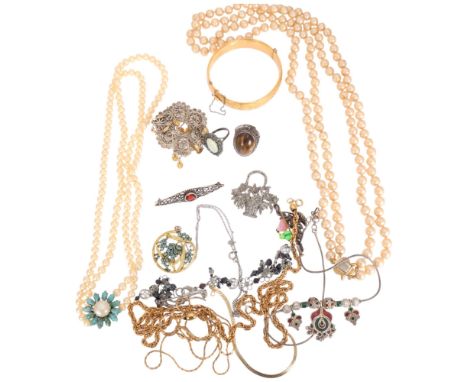 Various jewellery, including Norwegian Folk Art brooch, opal ring, pearl necklaces, etc . Condition Report:Lot sold as seen u