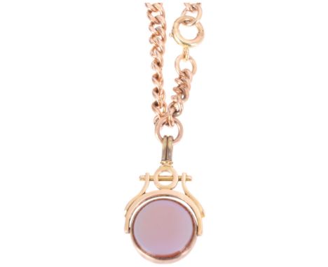 An Antique 9ct rose gold solid curb link short Albert chain bracelet, with 15ct gold hardstone swivel spinner fob and 9ct spr