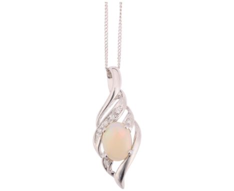 A 9ct white gold opal and diamond openwork pendant necklace, on 9ct fine curb link chain, pendant 25.5mm, chain 42cm, 2.5g . 