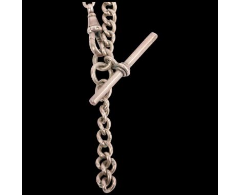 An Antique silver solid curb link Albert chain necklace, with silver T-bar and dog clip, 36cm, 43.7g . Condition Report:No da