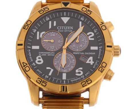 CITIZEN - a gold plated stainless steel Eco-Drive perpetual calendar quartz alarm chronograph bracelet watch, ref. E820-S0827