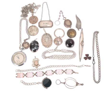 Various jewellery, including silver fern brooch, Port decanter label, banded agate brooch, pocket watch, swivel fob, etc . Co