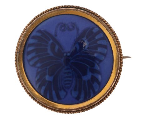 MEISSEN - an Antique German blue glaze porcelain butterfly brooch, in gilt-metal frame, with blue crossed swords mark, 34.8mm